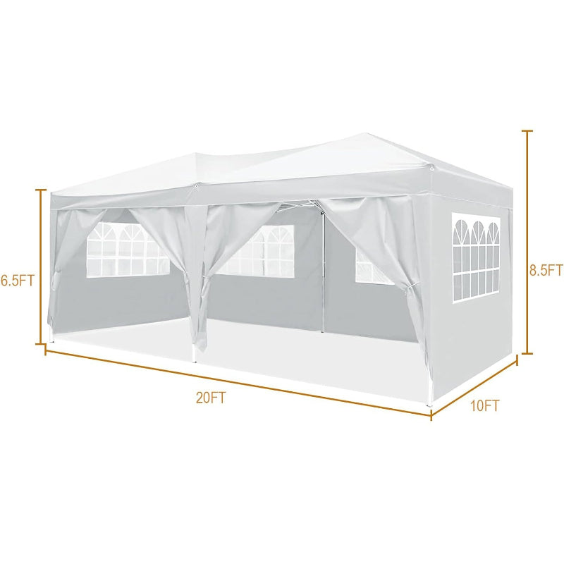 White outdoor canopy tent with dimensions on a white background