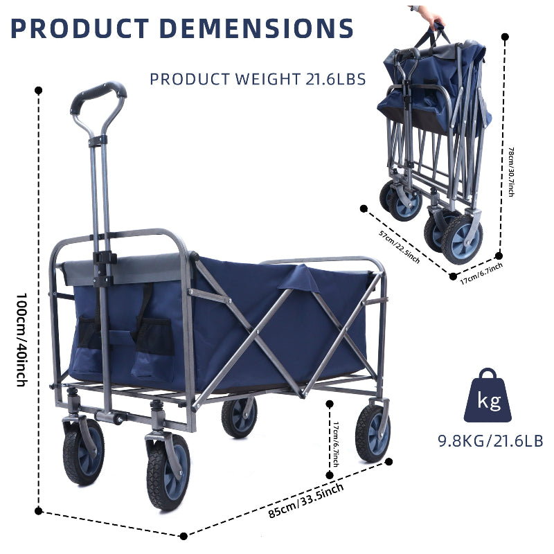 Collapsible wagon with blue cover and dimensions displayed on a white background