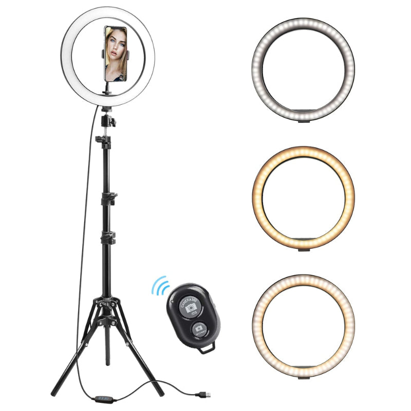 10" Selfie Ring Light with Tripod Stand & Cell Phone Holder, Dimmable Desktop LED Circle