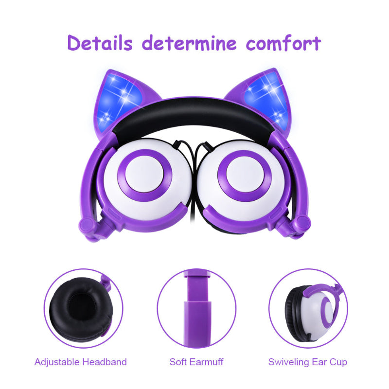 Purple cat ear headphones with features highlighted on a white background