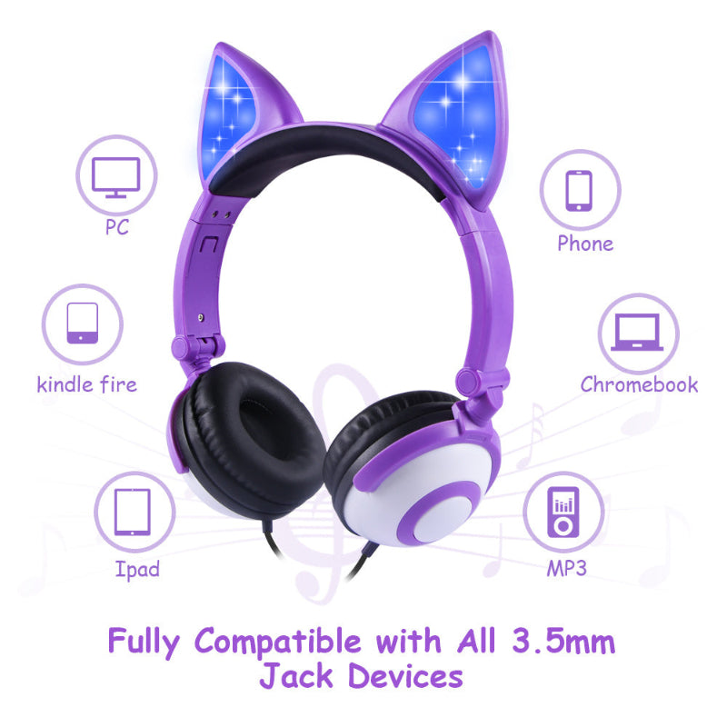 Purple headphones with cat ears on a white background with device compatibility icons.