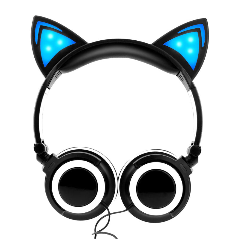 Black headphones with cat ear design and blue LED lights on a white background