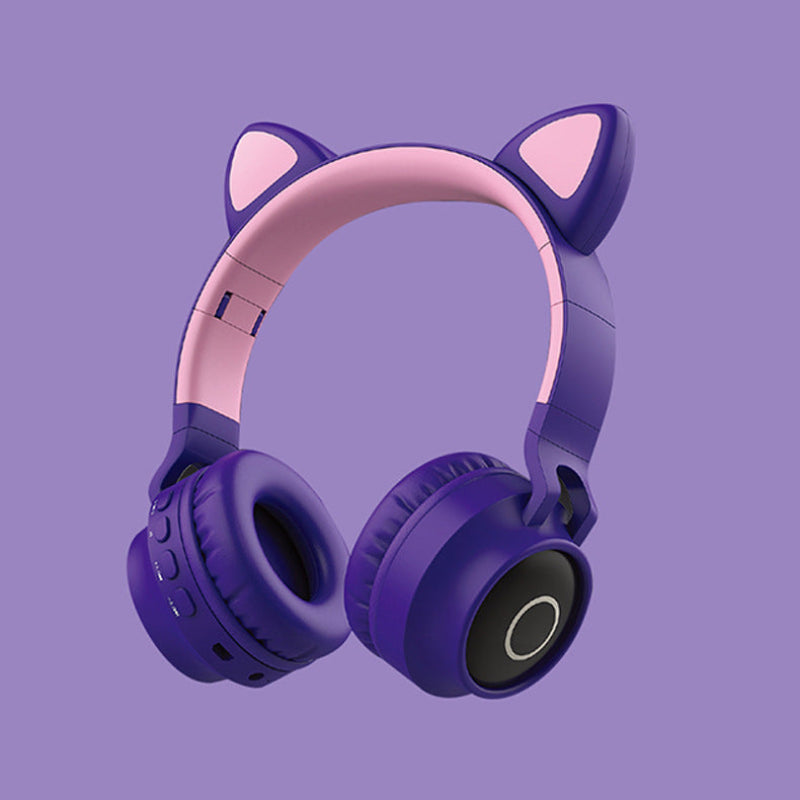 Purple headphones with cat ears on a purple background #ledlight #catearheadphones #wireless #bluetooth5.0 #headset #portable #foldable #kidsheadphone #withmicrophone #bestgift #with mic #micrphone #rechargeablebattery #sd card