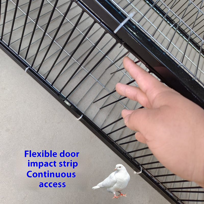 Hand opening a bird cage door with text about flexible door impact strip and continuous access.
