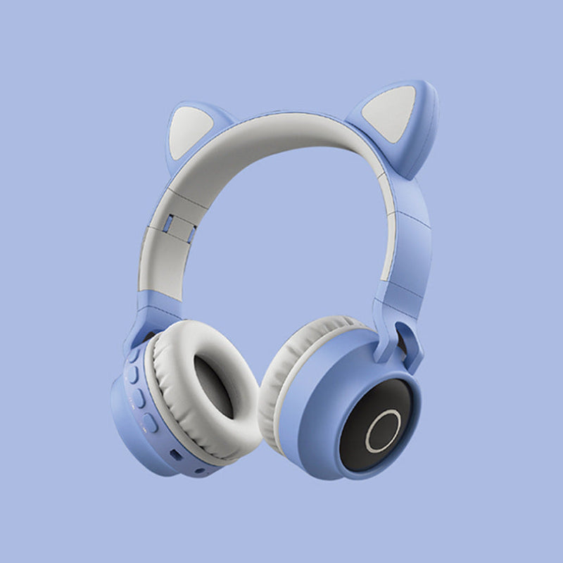 Blue and white headphones with cat ear design on a light blue background #ledlight #catearheadphones #wireless #bluetooth5.0 #headset #portable #foldable #kidsheadphone #withmicrophone #bestgift #with mic #micrphone #rechargeablebattery #sd card