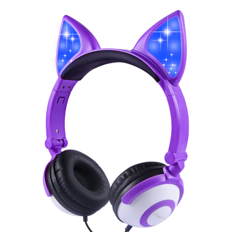 Purple cat ear headphones with LED lights on a white background