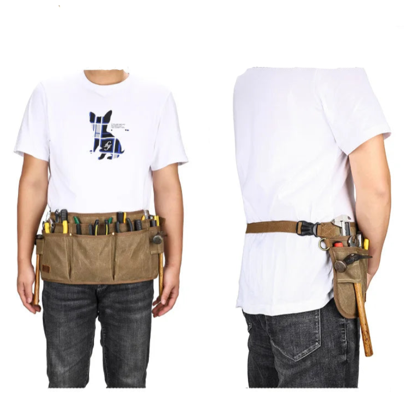 Tool belt with multiple pockets and tools, worn by a person on a white background.