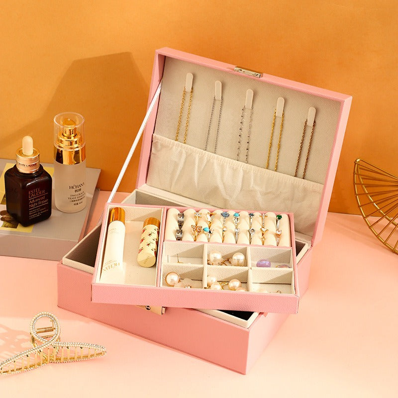 Jewelry Box with Lock Double Layer High Capacity Leather Jewelry Ornaments Ring Necklace Earrings Ear Studs Storage Box