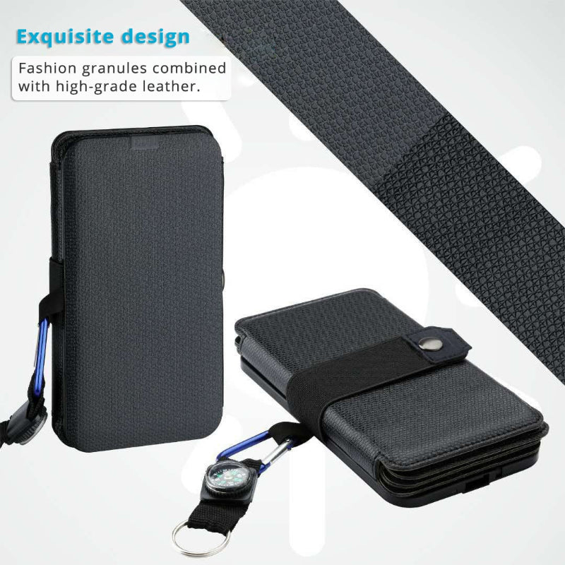 Black phone case with strap and lanyard on a white background