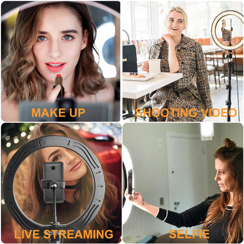 10" Selfie Ring Light with Tripod Stand & Cell Phone Holder, Dimmable Desktop LED Circle