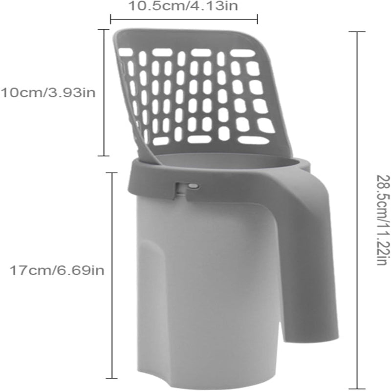 Gray plastic chair with dimensions labeled on a white background