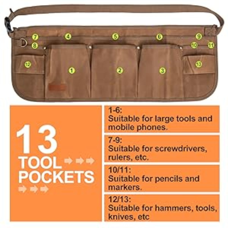 Brown tool organizer with 13 pockets labeled for various tools on an orange background.