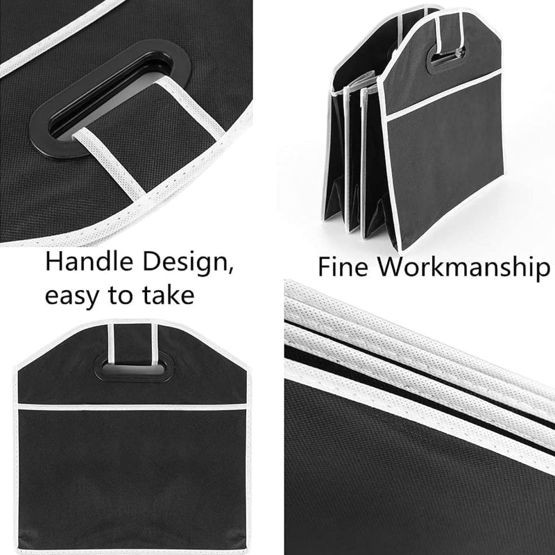 Black and white bag with handle design and text highlighting ease of use and fine workmanship.