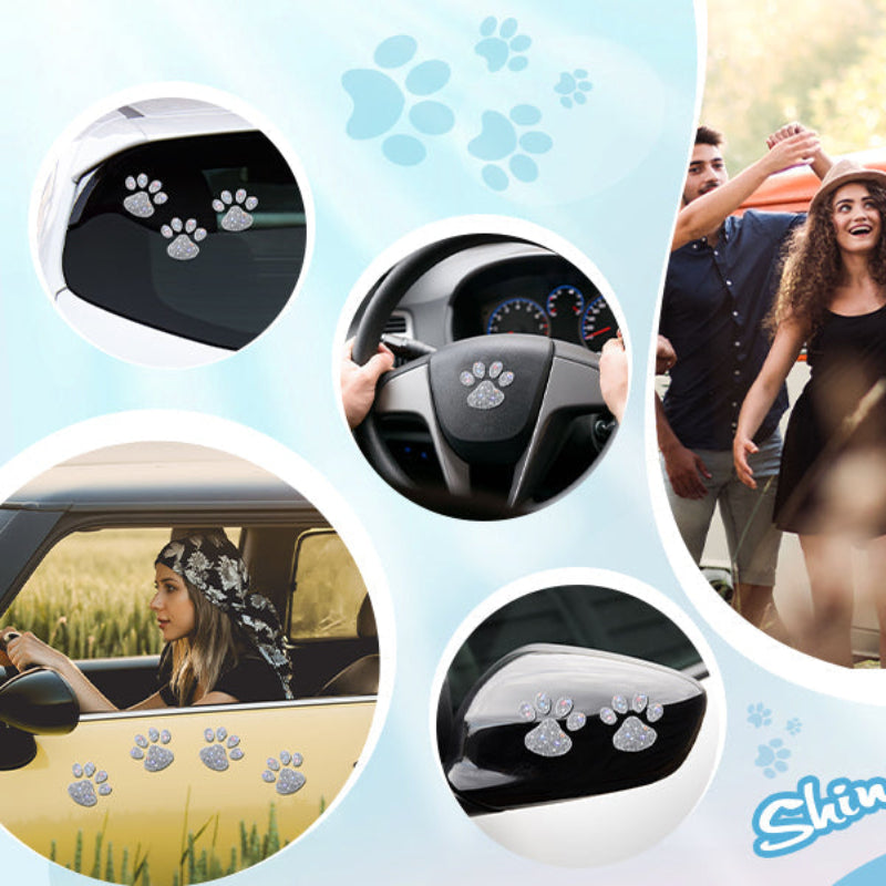 Collage of a vintage van with people, paw print car stickers, and a woman driving.