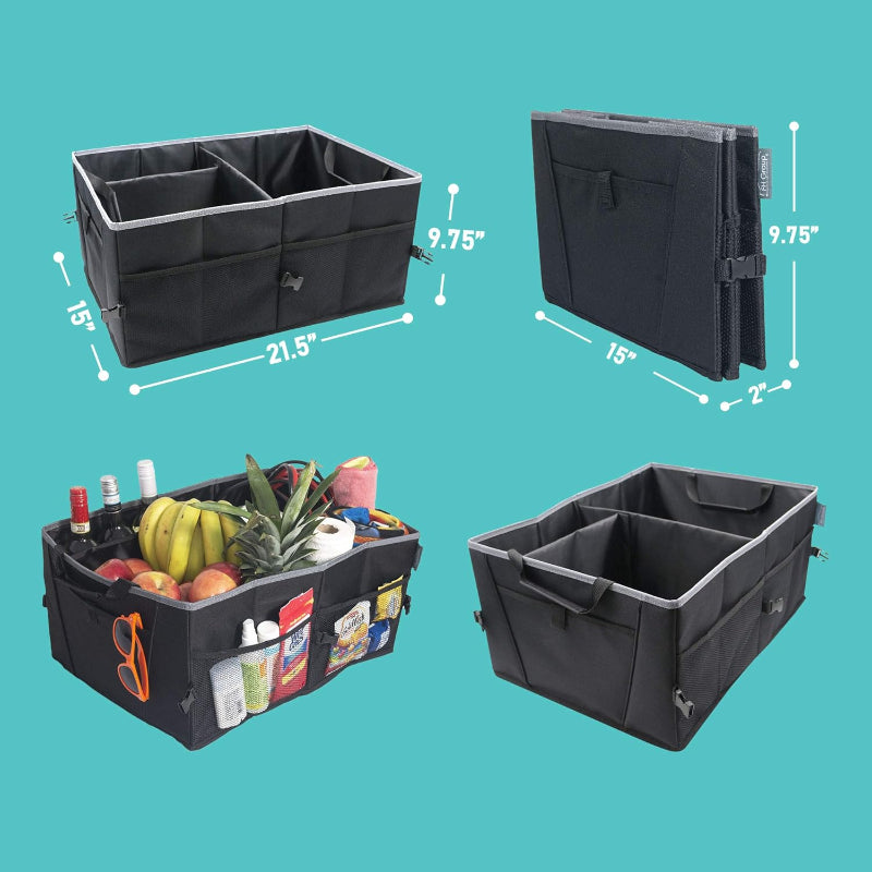 Black car organizer with compartments and dimensions on a teal background