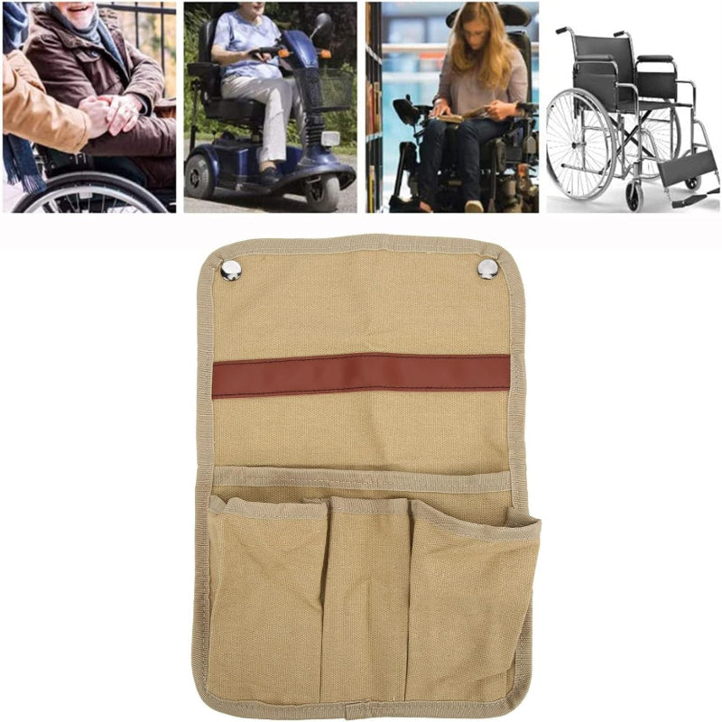Beige storage organizer with red stripe on a white background, surrounded by images of people using wheelchairs.