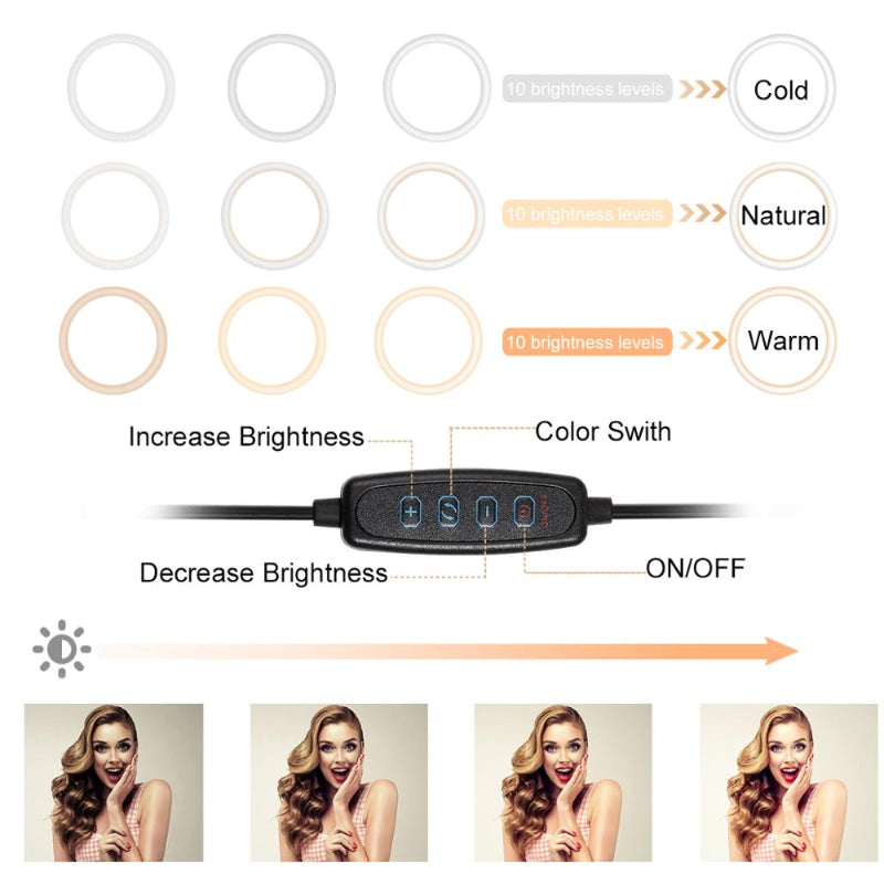 10" Selfie Ring Light with Tripod Stand & Cell Phone Holder, Dimmable Desktop LED Circle