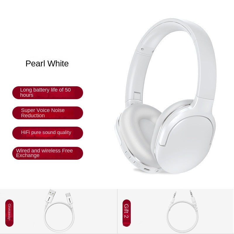 White headphones with feature text on a white background
