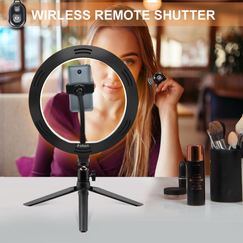 10" Selfie Ring Light with Tripod Stand & Cell Phone Holder, Dimmable Desktop LED Circle