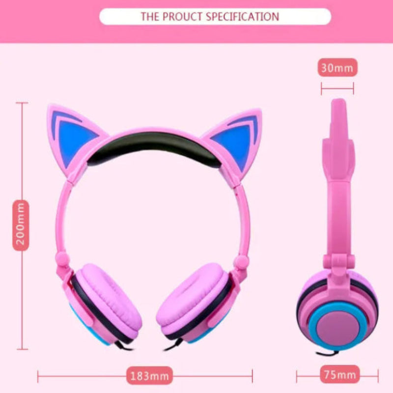 Pink headphones with cat ears and measurements on a pink background