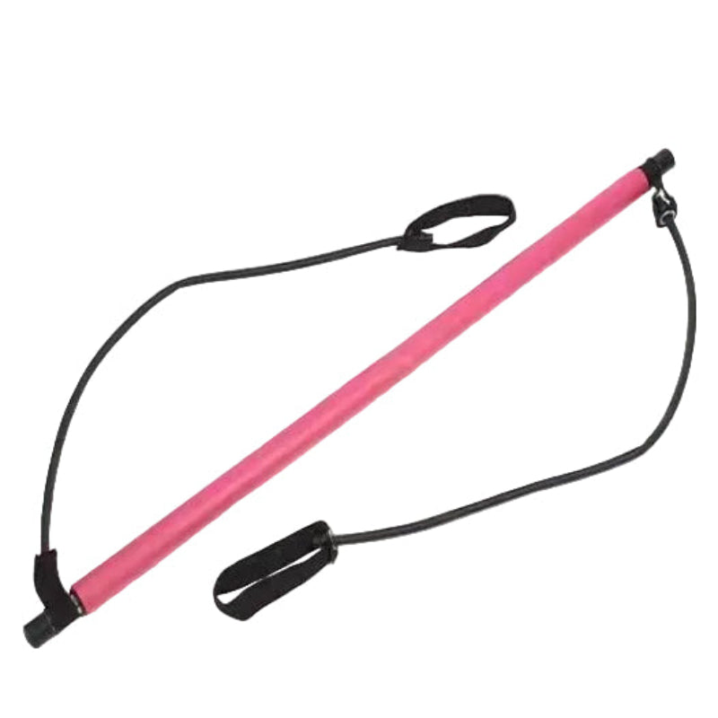 Pink resistance band with black handles on a white background