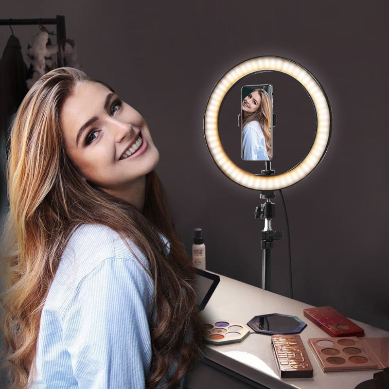 10" Selfie Ring Light with Tripod Stand & Cell Phone Holder, Dimmable Desktop LED Circle