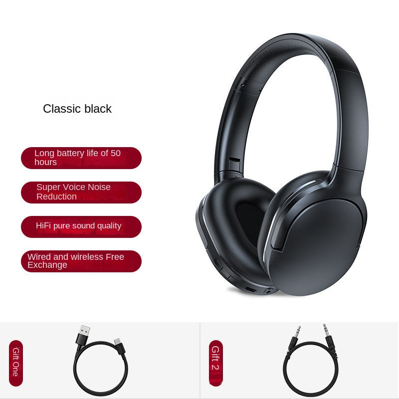 Black headphones with features listed on a white background