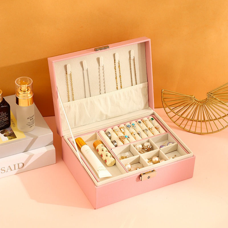 Jewelry Box with Lock Double Layer High Capacity Leather Jewelry Ornaments Ring Necklace Earrings Ear Studs Storage Box