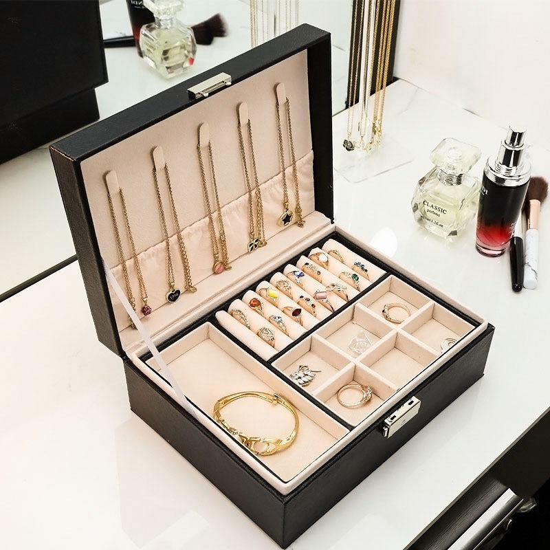 Jewelry Box with Lock Double Layer High Capacity Leather Jewelry Ornaments Ring Necklace Earrings Ear Studs Storage Box
