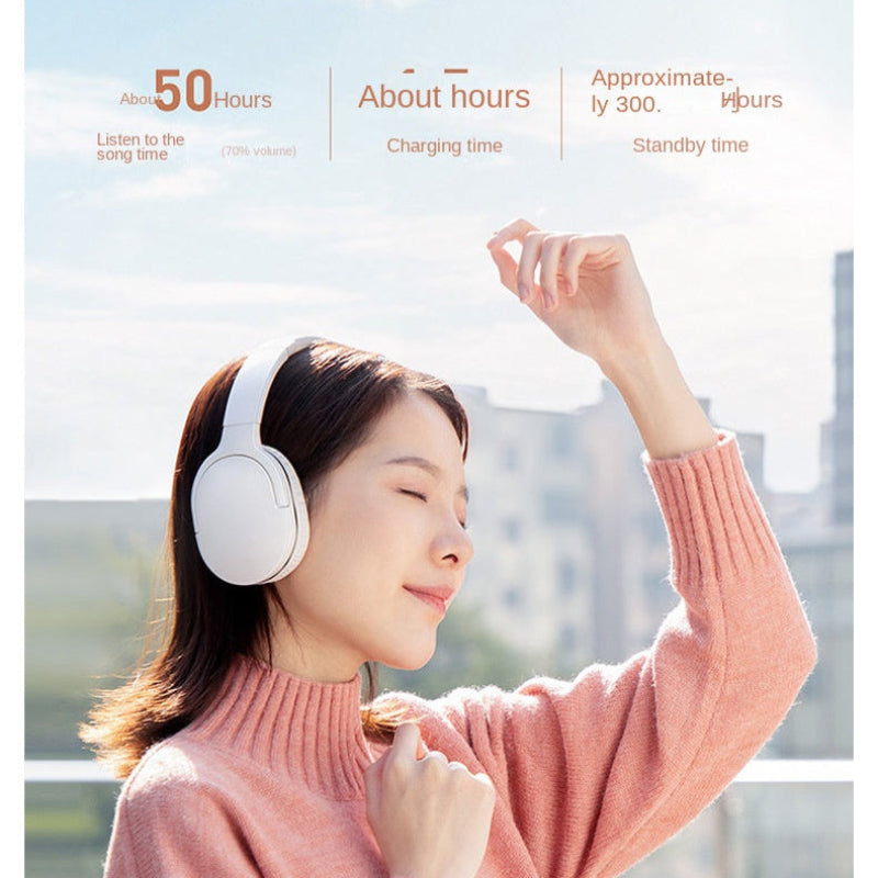 Person wearing headphones with product features highlighted on a light blue background