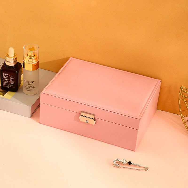 Jewelry Box with Lock Double Layer High Capacity Leather Jewelry Ornaments Ring Necklace Earrings Ear Studs Storage Box