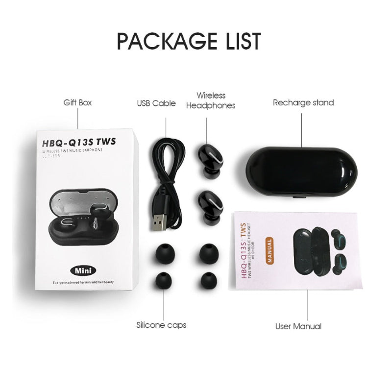 Package list of wireless headphones with box, cable, stand, and accessories on a white background