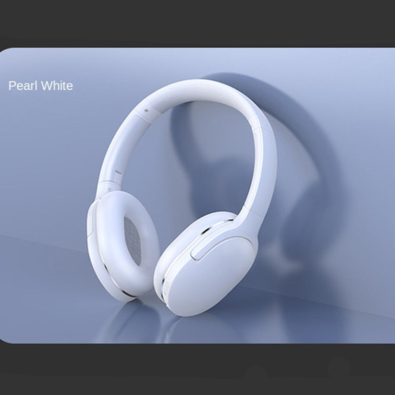 White headphones on a light blue background with 'Pearl White' label.