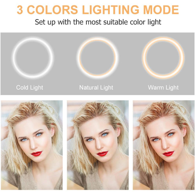 10" Selfie Ring Light with Tripod Stand & Cell Phone Holder, Dimmable Desktop LED Circle