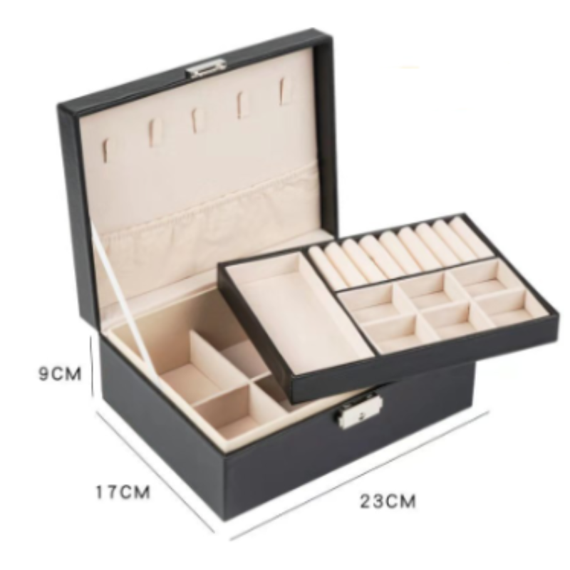 Jewelry Box with Lock Double Layer High Capacity Leather Jewelry Ornaments Ring Necklace Earrings Ear Studs Storage Box