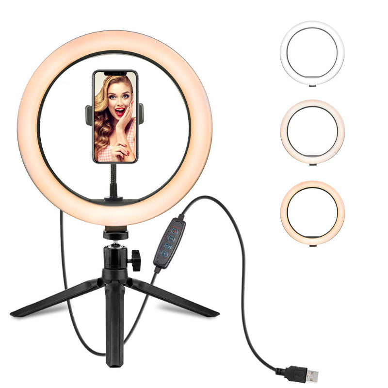 10" Selfie Ring Light with Tripod Stand & Cell Phone Holder, Dimmable Desktop LED Circle