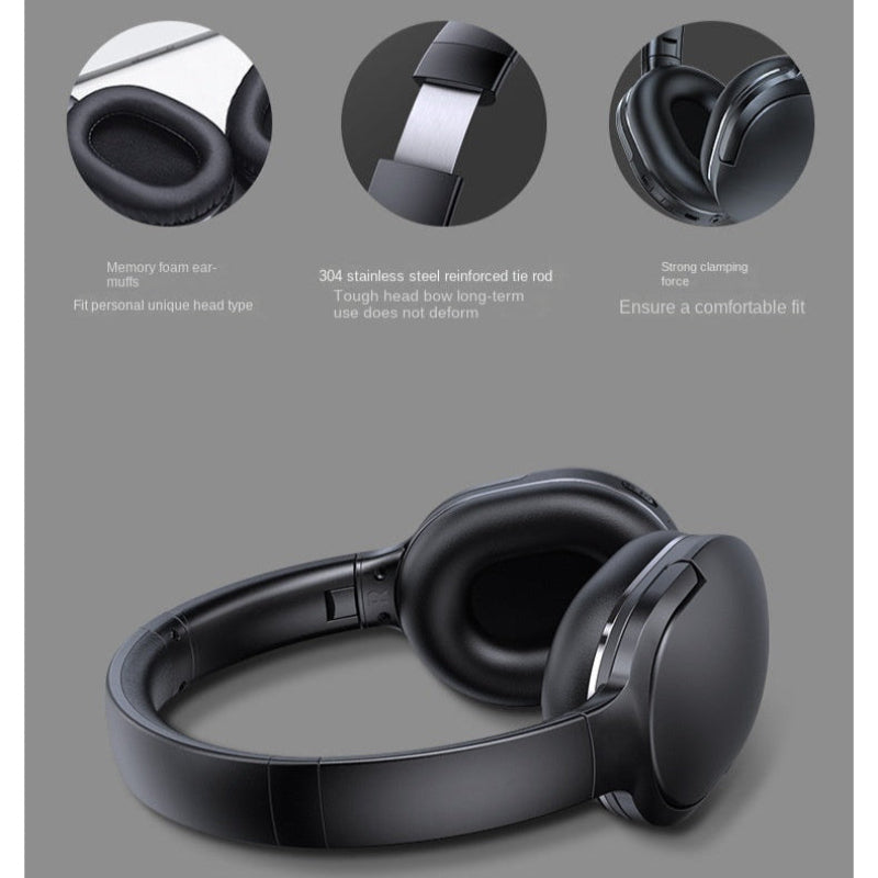Black headphones with feature highlights on a gray background