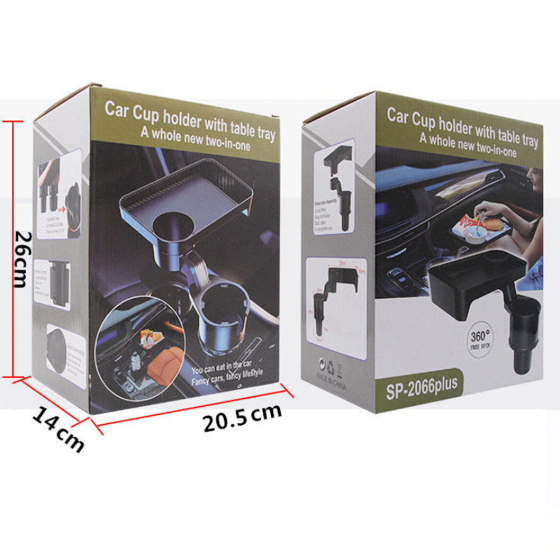 Two packaging boxes for a car cup holder with table tray, showing dimensions and product images.