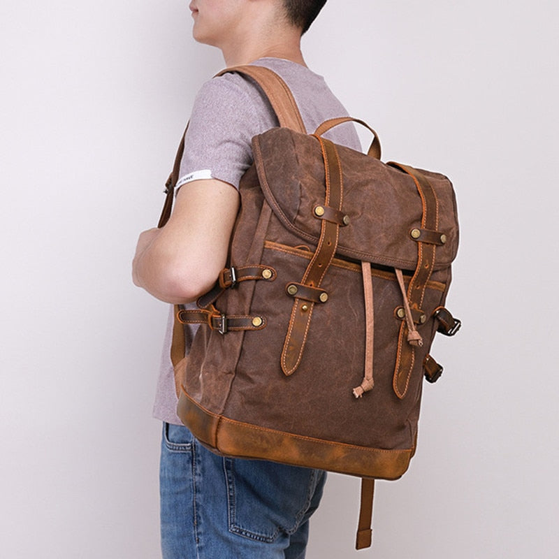 Retro Men Wax Canvas School Travel Backpack Teenager Laptop Backpack with Crazy Horse Leather Belt