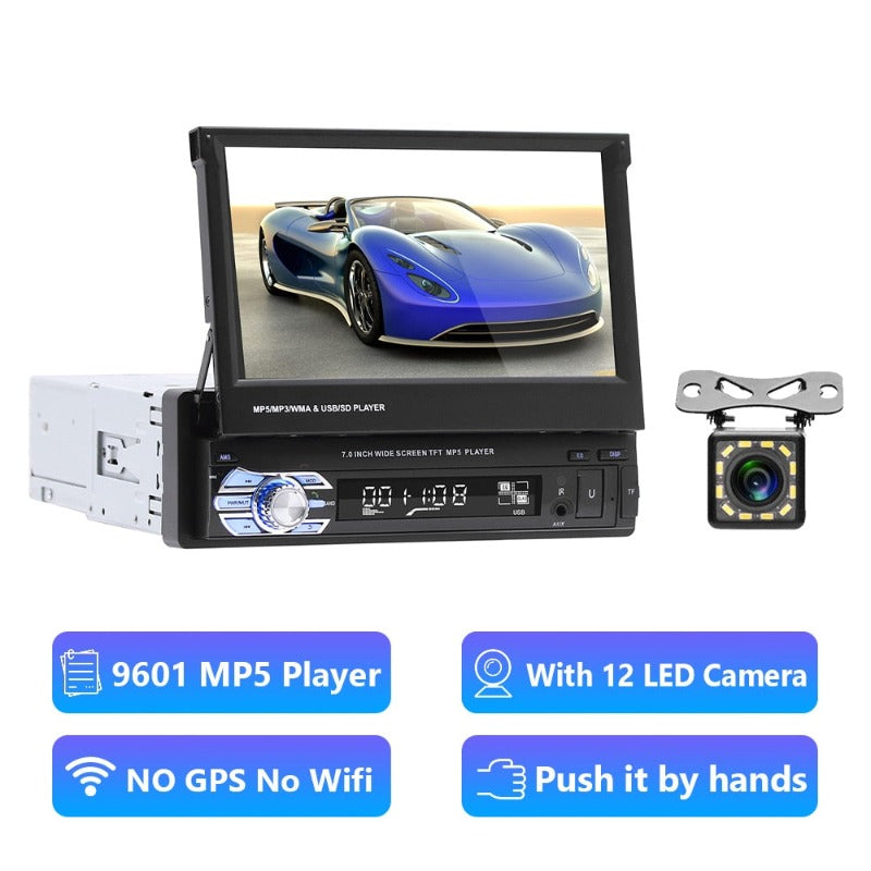 Podofo Car Radio 1 Din Tape Recorder 7" HD Monitor Retractable Screen Bluetooth Multimedia Player FM Audio GPS Stereo Receiver