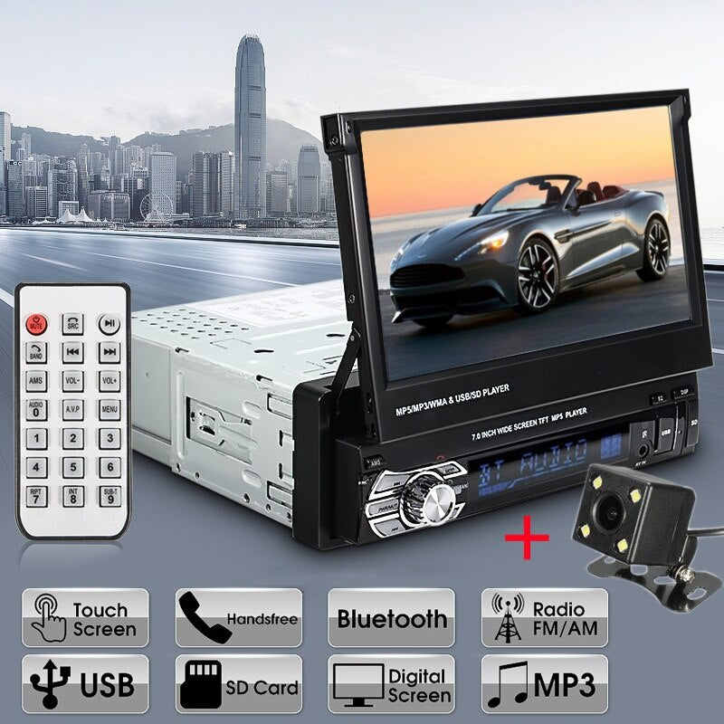 Podofo Car Radio 1 Din Tape Recorder 7" HD Monitor Retractable Screen Bluetooth Multimedia Player FM Audio GPS Stereo Receiver