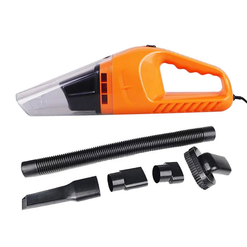 Orange handheld vacuum cleaner with attachments on a white background