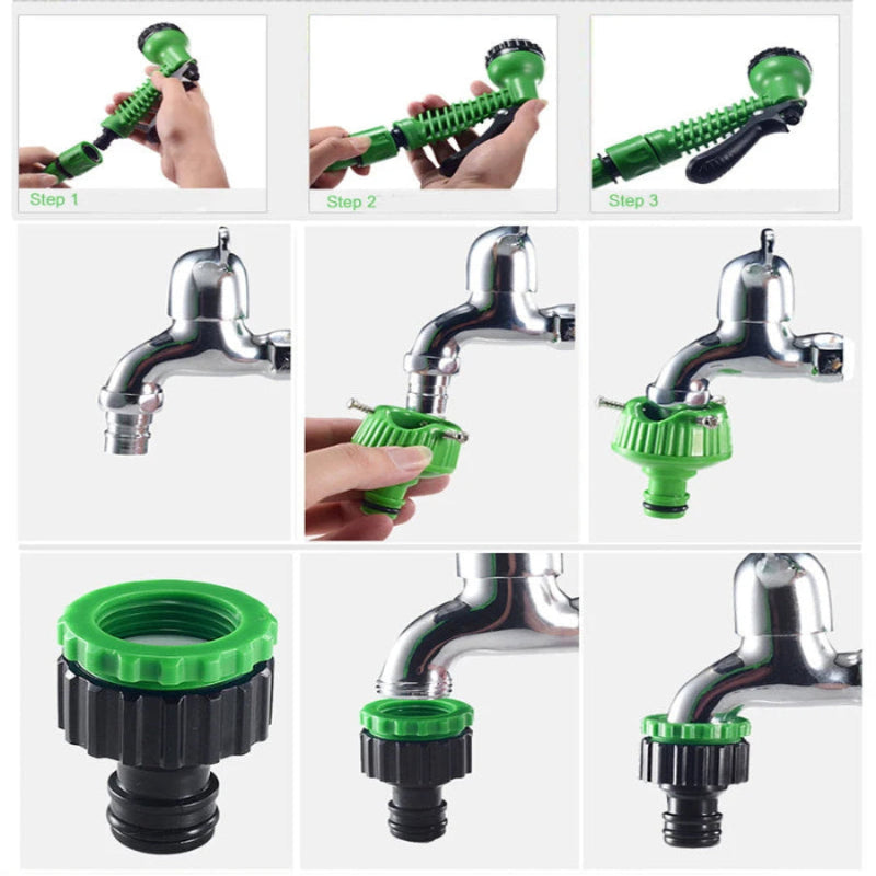 Step-by-step tutorial on how to install a green garden hose nozzle on a faucet.