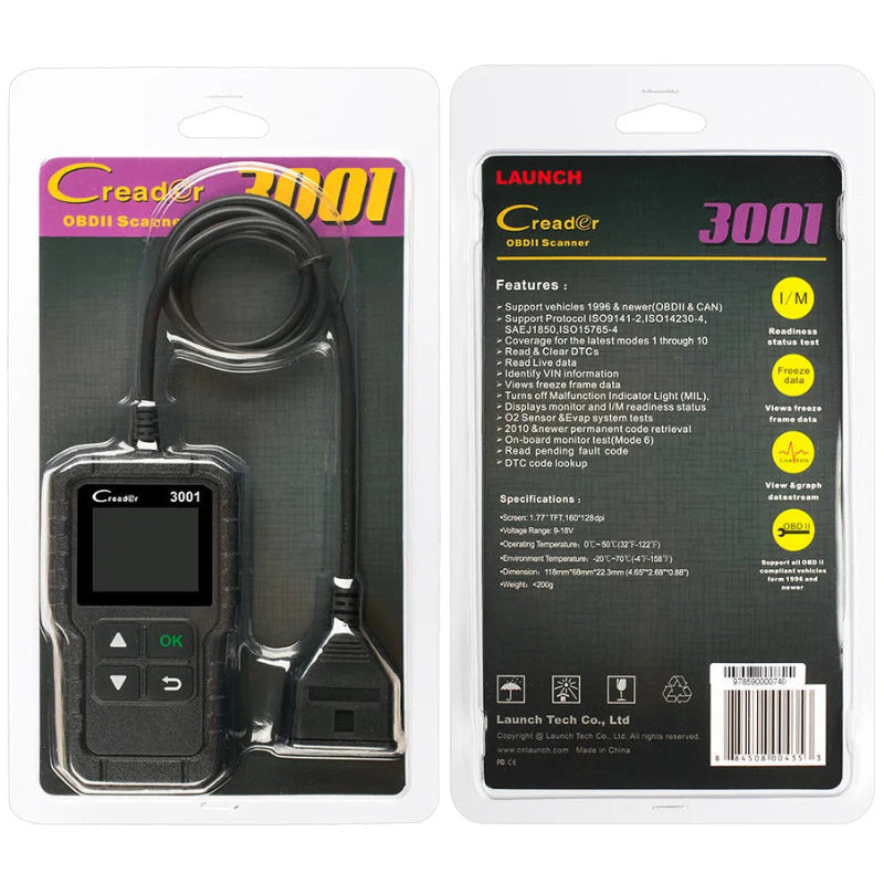 Creader 3001 OBDII scanner in packaging with launch logo