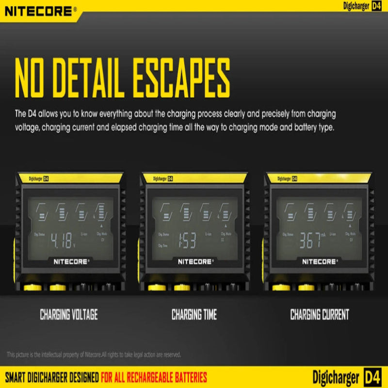 Nitecore Digicharger D4 with digital display showing charging details on a black background.
