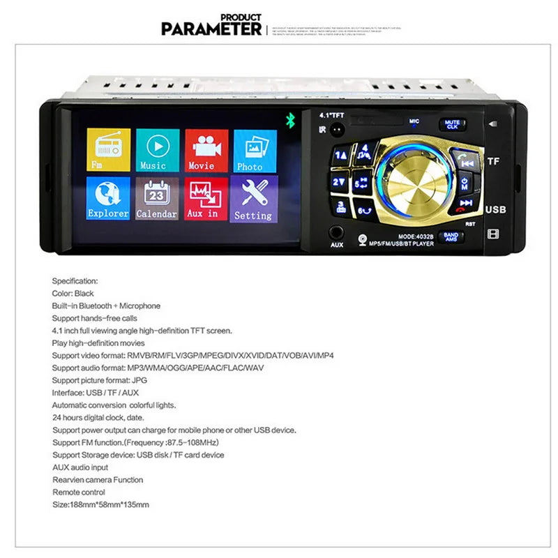 Bluetooth 4.1 Inch TF USB Port Multilanguage Remote Control Car MP5 Player 1 Din 2018 Newest Car Radio Audio Video