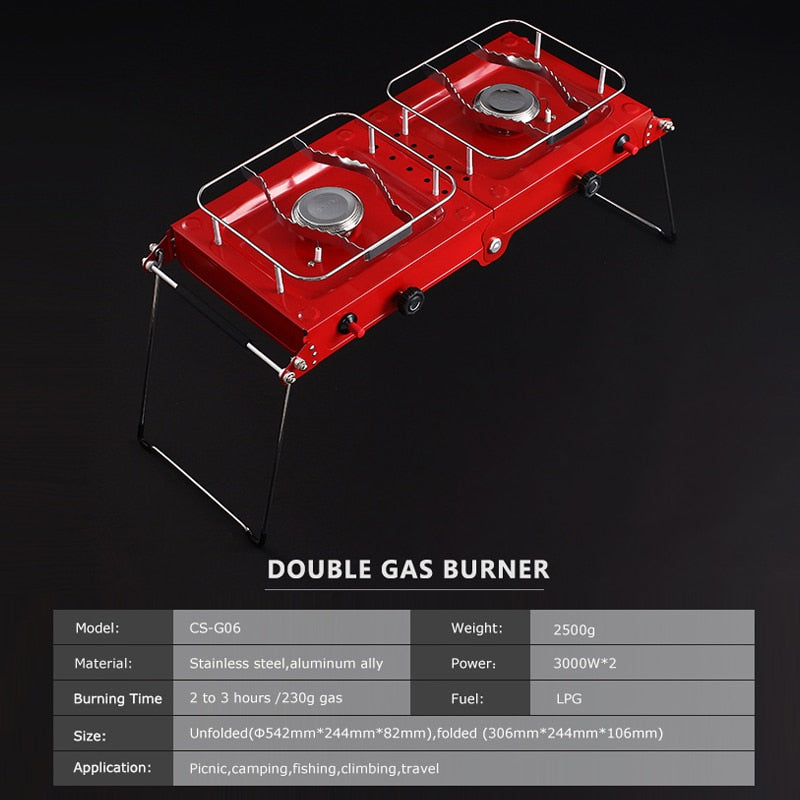 Compact Foldable Portable 3000W Camping Cooking Double Gas Stove Burner for Outdoor Backpacking Camping Furnace