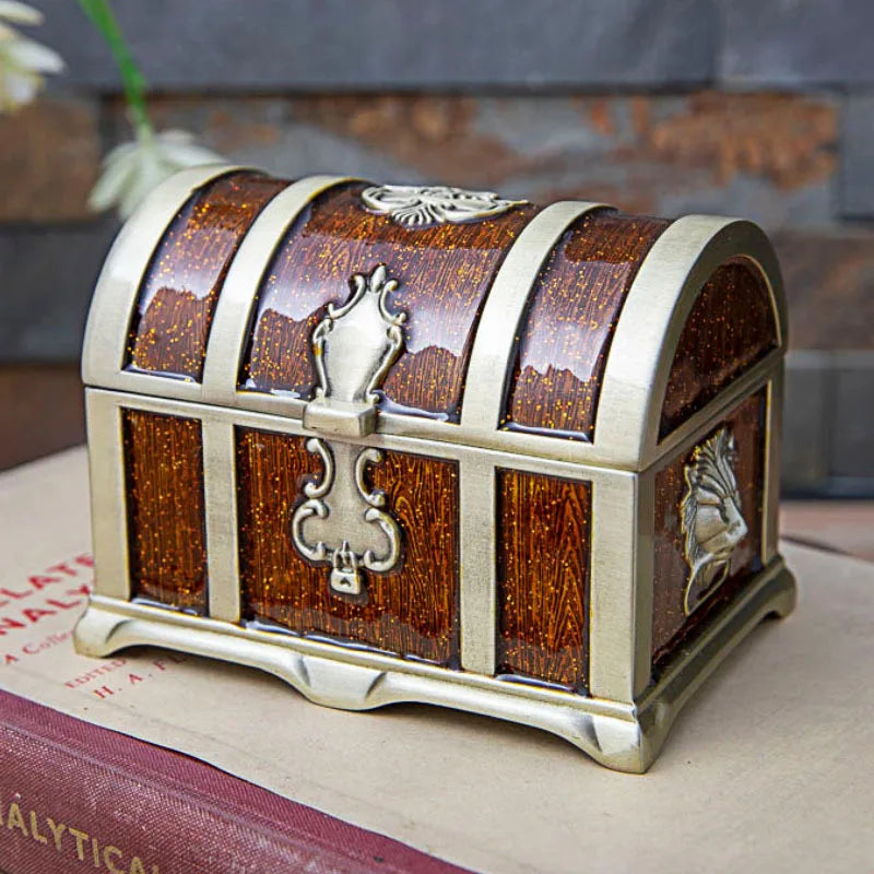 Wooden treasure chest with metal accents on a surface