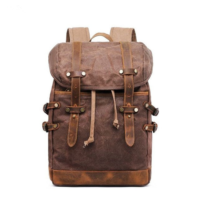 Retro Men Wax Canvas School Travel Backpack Teenager Laptop Backpack with Crazy Horse Leather Belt