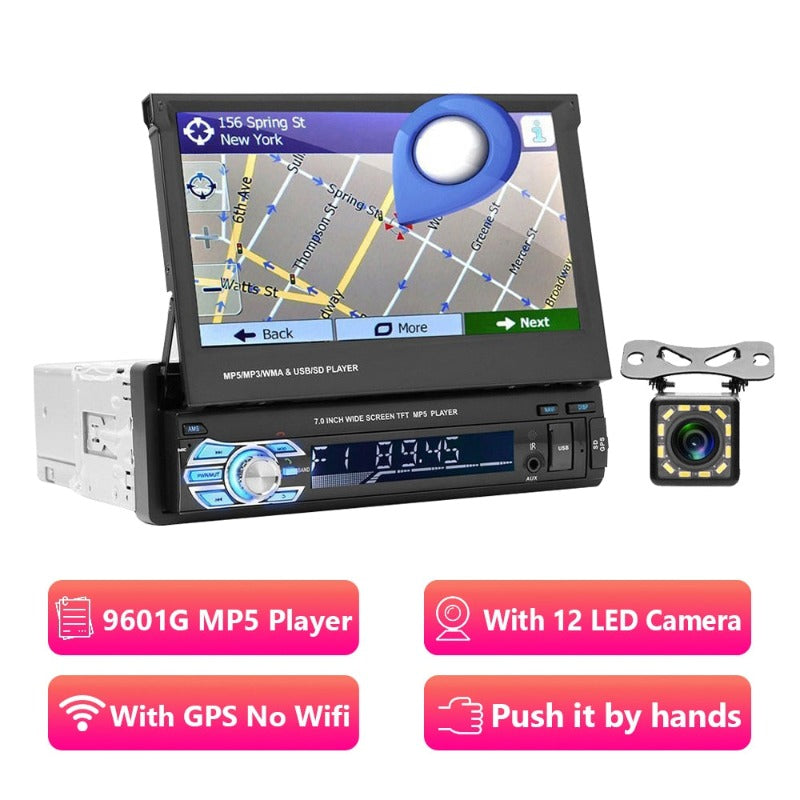 Podofo Car Radio 1 Din Tape Recorder 7" HD Monitor Retractable Screen Bluetooth Multimedia Player FM Audio GPS Stereo Receiver